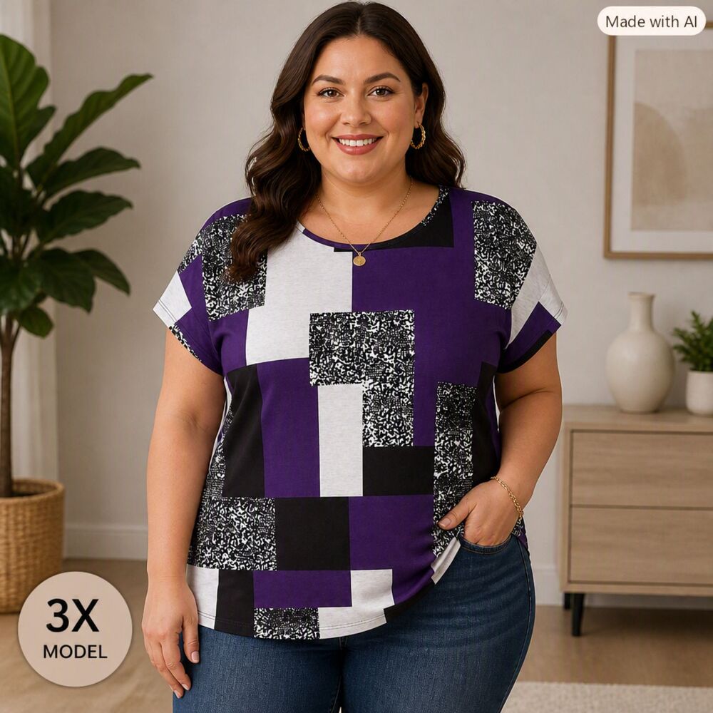 EMERY ROSE Plus Size 3XL Colorblock Patchwork Short Sleeve Top Purple Geometric